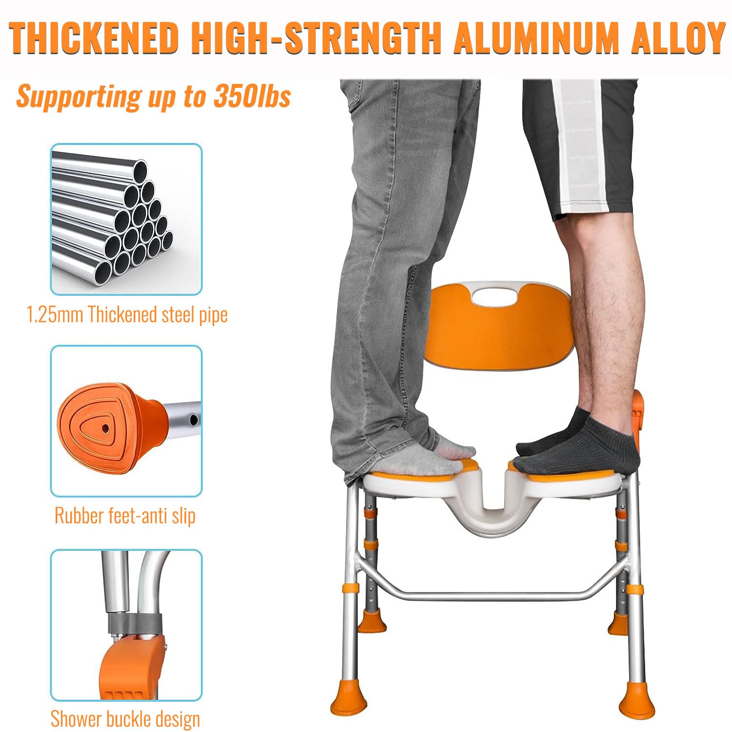 Silla de Ducha para Personas Mayores, Asiento de Ducha con reposabrazos y Respaldo, Silla de Ducha Plegable, soporta hasta 180 kg, Altura Regulable (Color Naranja, 53 * 58 * 83cm)