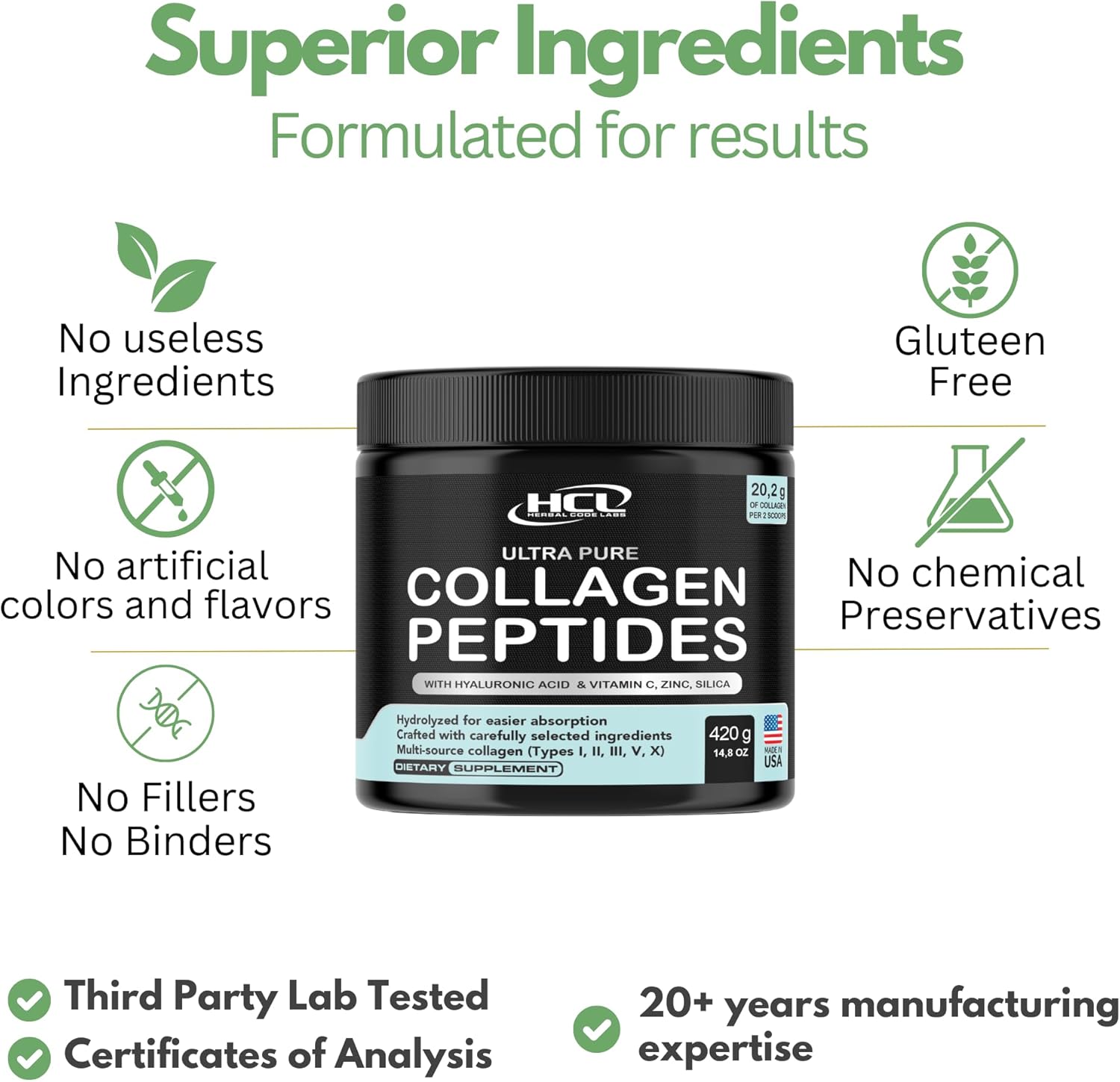 Collagen Peptides Powder with Vitamin C & Hyaluronic Acid - from Organic Cleanest Sources & Super High Absorption - Hydrolyzed Multi Type I, II, III, V, X - Skin Hair Supplement Made in USA
