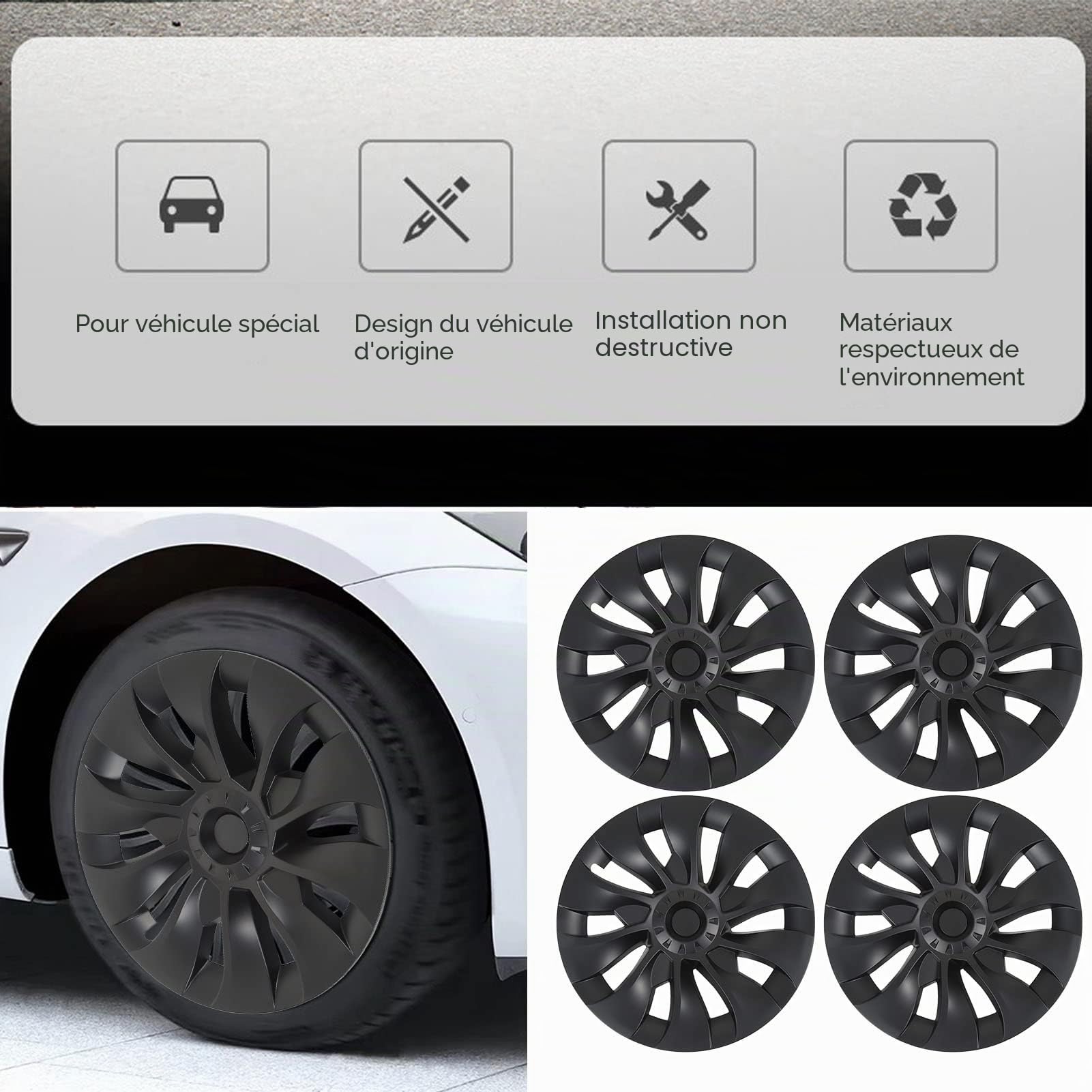 Capuchon de Moyeu de Roue, Enjoliveur de Roue Noir Mat de 18 Pouces, Couvre-jante de Voiture, Remplacement D'accessoires Extérieurs pour 2017‑2023