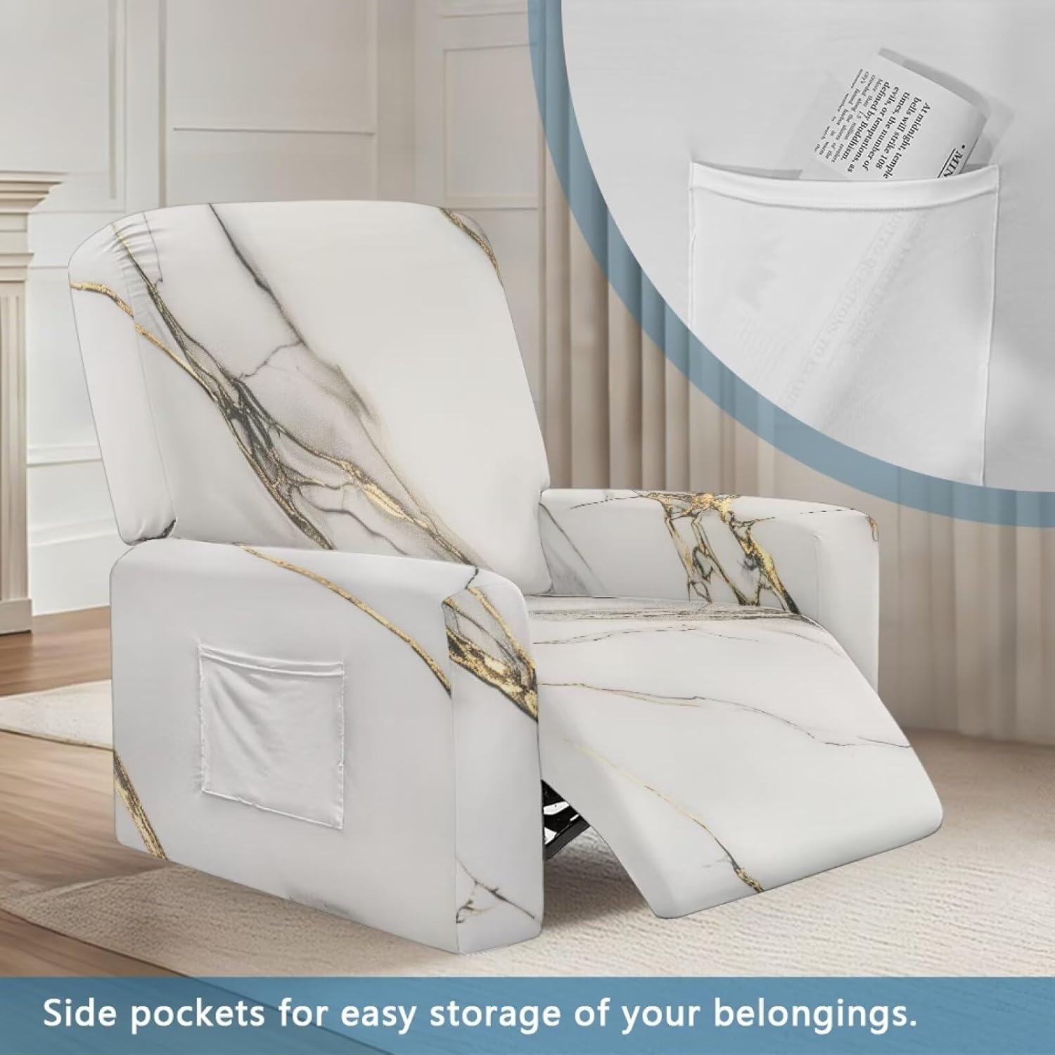 White Marble Stretch Chair Sofa Slipcover – Recliner Couch Cover with Pockets, Washable Skin-Friendly Fabric, Non-Slip Fit for Lazy Boy & Standard Recliners