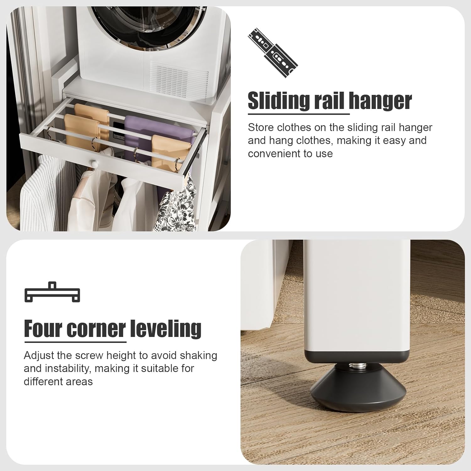 Washer Dryer Stacking Rack, Freestanding Over The Washer and Dryer Rack with Sliding Rail Hanger for Laundry Room, Bathroom Organization, 200KG Load Capacity, 24.8" L x 28.74" W x 41.34" H