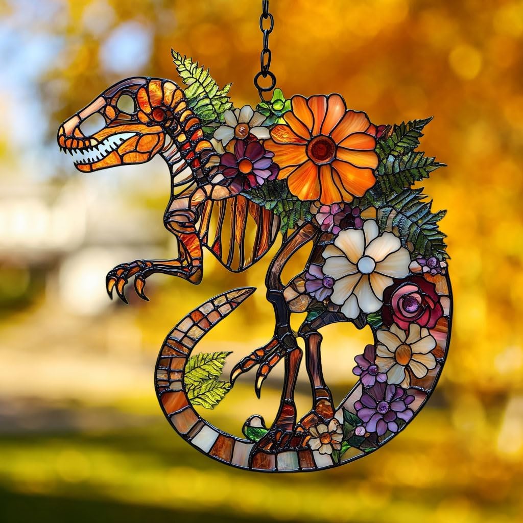 Floral Dinosaur Skeleton Acrylic Suncatcher Stained Glass Effect Window Car Hanging Christmas Ornament Indoor Outdoor Decor Garden Sun Catcher Panel for Floral Lover for Women Mom Grandma