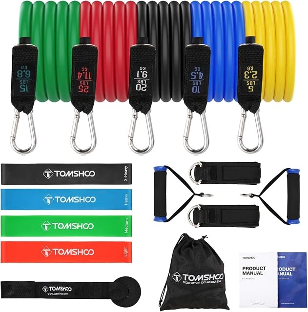 TOMSHOO Resistance Bands Fitness Set Workout Fitness Exercise Rehab Bands Loop Bands Tube Bands Door Anchor Ankle Straps Cushioned Handles Carry Bags Home Gym Travel