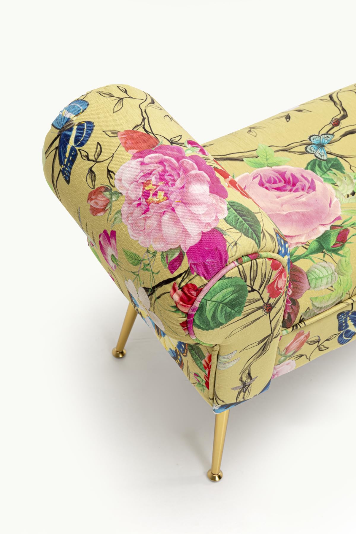 Kare Design Panca Wing Flower Fever, giallo, 54x100x35 cm, panca imbottita con gambe finitura ottone, motivo floreale, panca stretta per ingresso, legno massello di pino, Flower-Fever, soggiorno