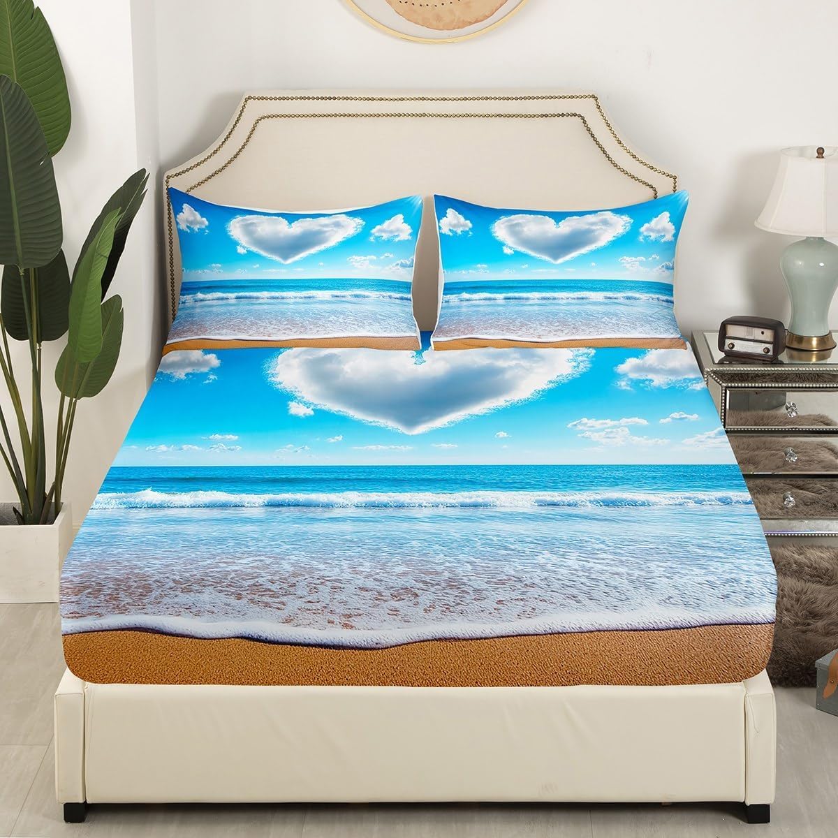 Drap Housse 180x200 cm Océan, 3D Mer Bleue Drap-Housse en Microfibre, Drap Plat 2 Personnes avec 2 Taie d'oreillers pour Matelas Épais C.L651