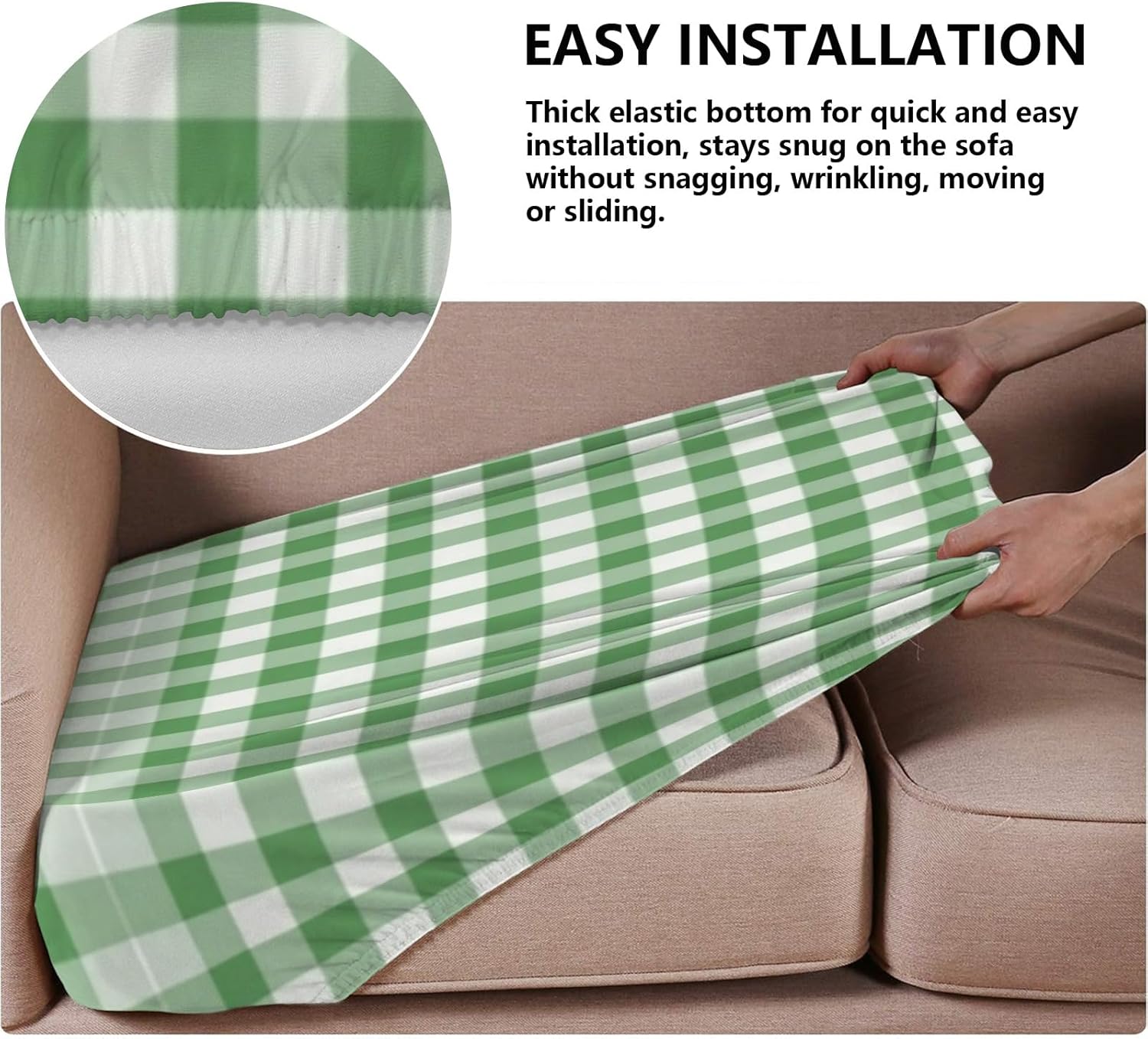 Soft Green White Gingham Loveseat Covers Couch Covers for 2 Cushion Couch, 2-Piece Stretch Sofa Slipcovers Anti-Slip Washable Furniture Protectors for Dogs Pets