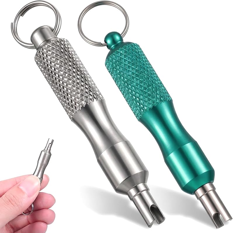 2 PCS Valve Core Removal Tool Keychain, Stainless Steel Tire Valve Stem Tool Portable Valves Core Disassembly and Repair Tools for Bicycle Car Motorcycle Repair Install Accessory(Silver, Green)