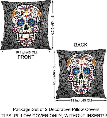Miniatura 6 de Swono Juego de 2 fundas de almohada cuadradas de 18 x 18 pulgadas, fundas de almohada suaves con diseño de calavera de azúcar mexicana, fundas de