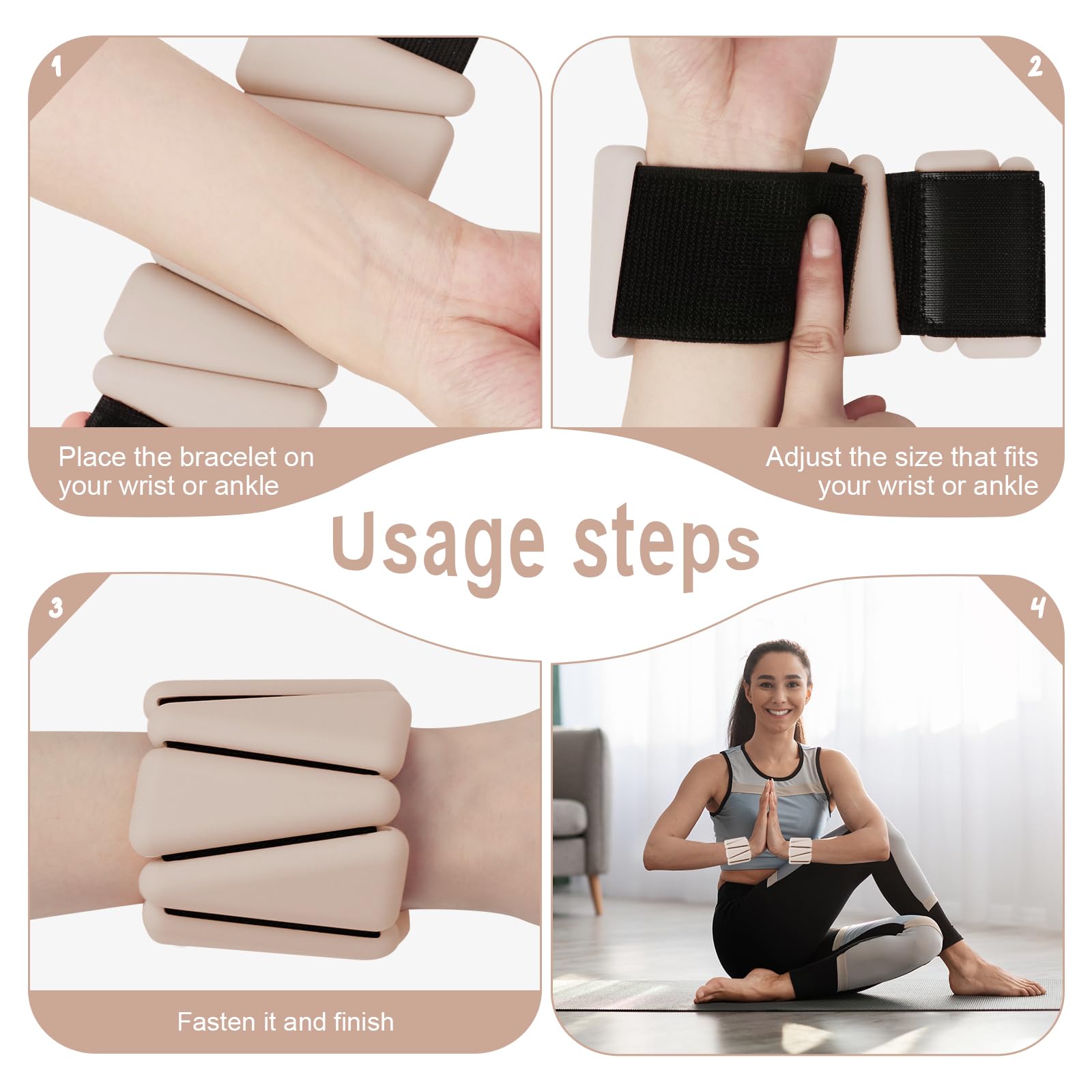 Lot De 2 Poids De Poignet En Silicone Réglables – 0,5 Kg Chacun, Pour Yoga, Course, Pilates, Gym (beige)