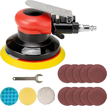 5" Air Random Orbital Sander Pneumatic Palm Sander Da Sander With 10 Pcs Sandpapers 3Pcs Polishing Pads Buffing Pads Kit for Sanding, Finishing, Polishing Wood Auto Body Work
