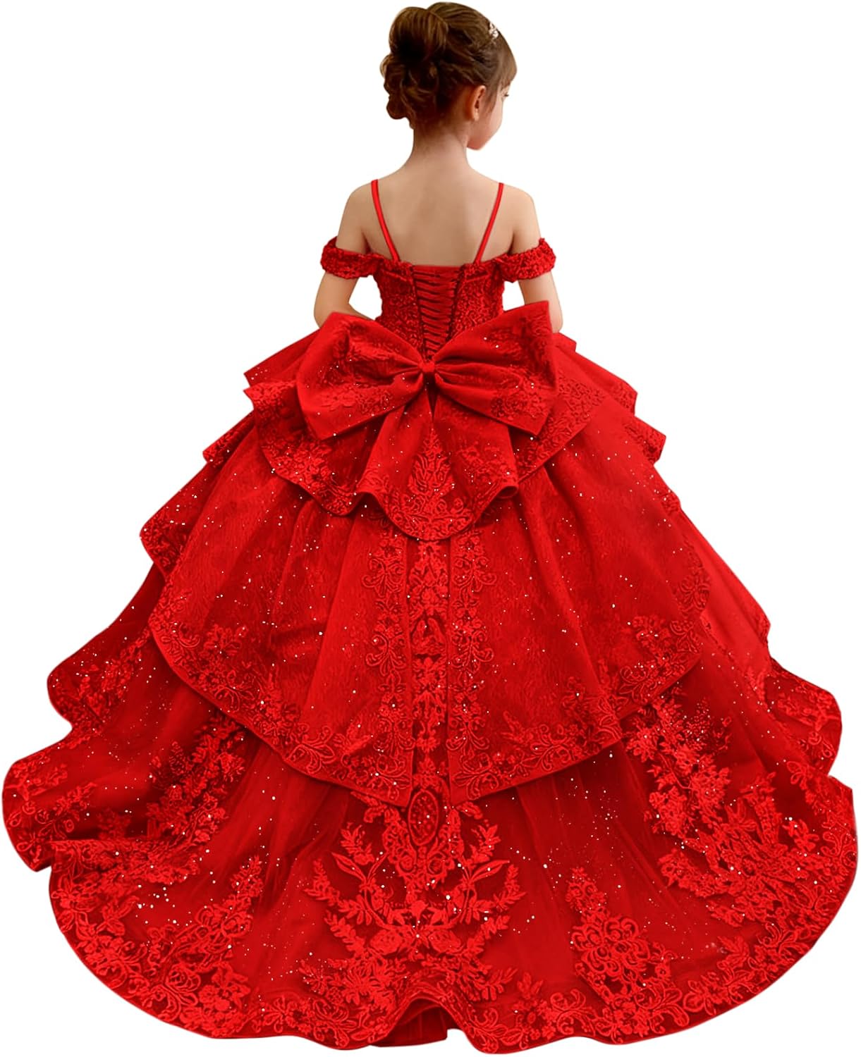 Lace Applique Flower Girl Dress for Wedding Beaded Off Shoulder Girls Pageant Dress Layered Girls Ball Gown Dress