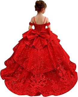 Lace Applique Flower Girl Dress Pearly Off Shoulder Girls Pageant Dresses Layered Ball Gown Dress for Girls with Bow