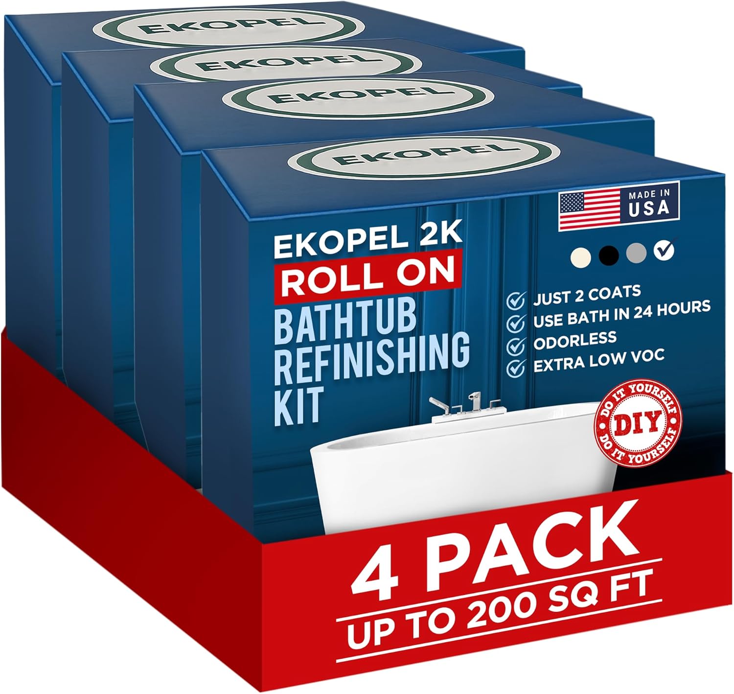 Ekopel Roll On Bathtub Refinishing Kit - Made in The USA - Most Durable Never Peel Tub Coating - 20X Thicker Than All Other Refinishing Kits (No Tools) - 4 Pack Up To 200 Sq Ft