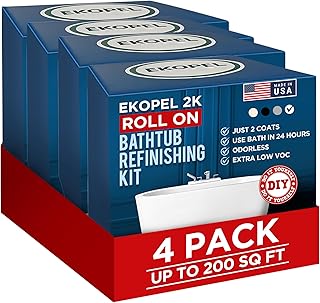 Ekopel Roll On Bathtub Refinishing Kit - Made in The USA - Most Durable Never Peel Tub Coating - 20X Thicker Than All Other Refinishing Kits (No Tools) - 4 Pack Up To 200 Sq Ft