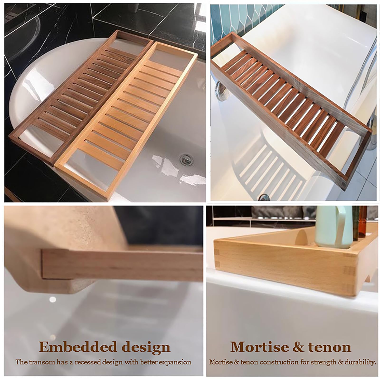 Bandeja de madera para bañera, de nogal, bandeja de mesa grande, soporte de listones largos, estante versátil, accesorios, regalo de spa para mujer
