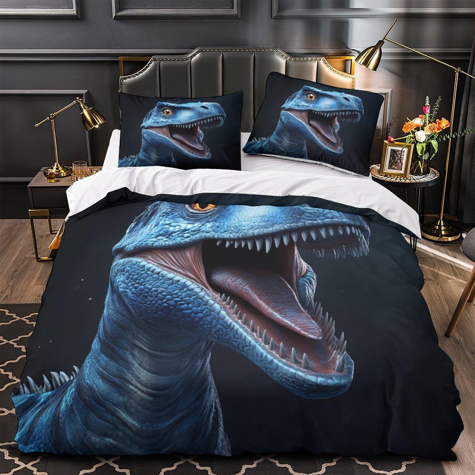 Housse de couette dinosaure bleu enfant 135x200 parure de lit microfibre 3D