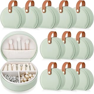 Weysat 12 Pack Travel Jewelry Case Mini Leather Bridesmaid Jewelry Gift Box Bulk, Half Moon Design, Detachable Handle, Small Earring Storage Organizer for Women Girls Bridesmaid Proposal Gifts(Green)