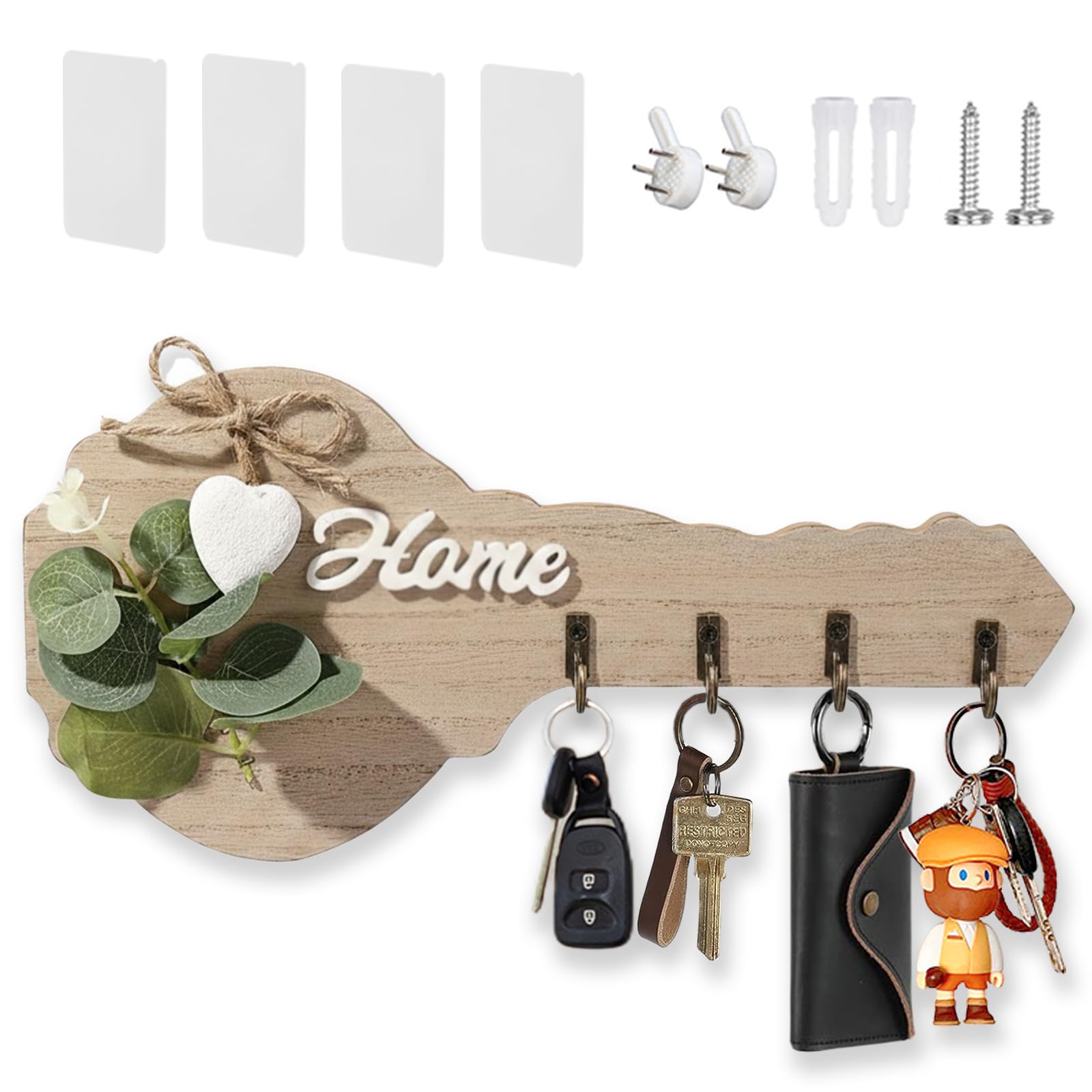 Echehi Wooden Key Holder for Wall, Decorative Key Rack with 4 Hooks, Easy Installation for Entrance, Living Room, Bedroom