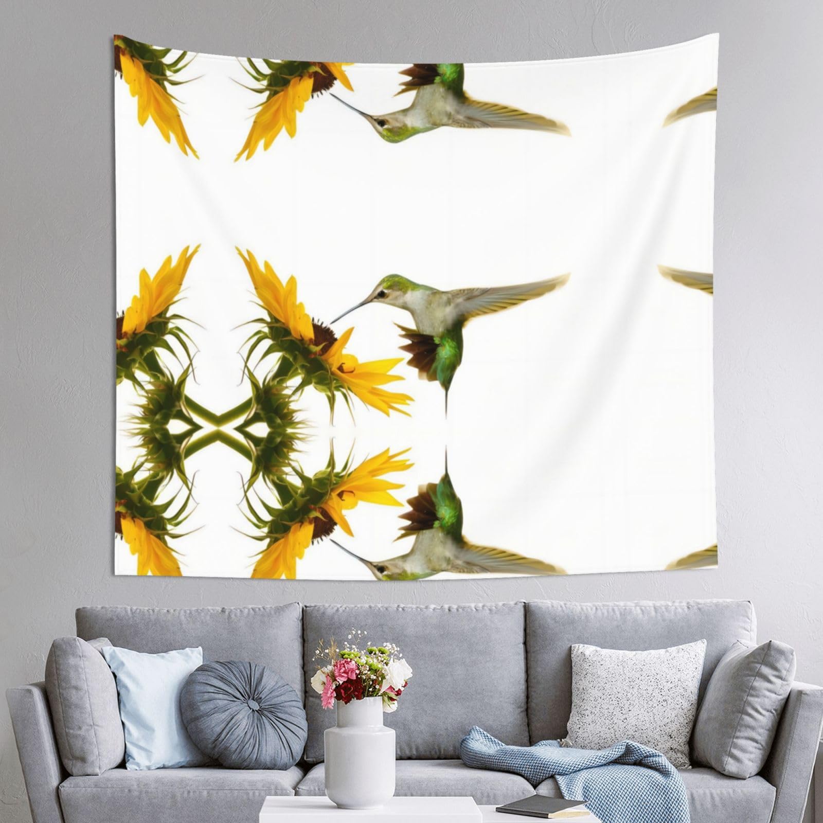 HLSBSSL 60x51in Hummingbird Sunflower Printed Tapestry Tablecloth for Dormitory and Picnic Rooms - Multifunctional Fabric Hanging