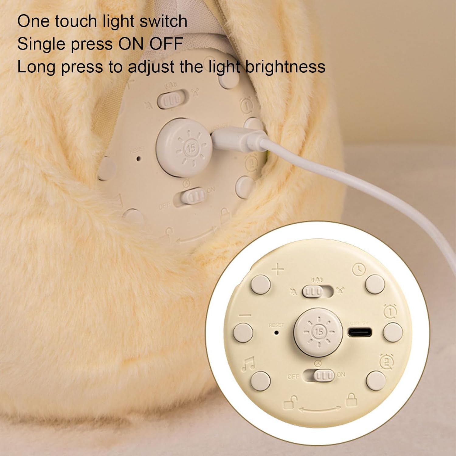 Back panel of the Capybara Alarm Clock showing charging port and control buttons