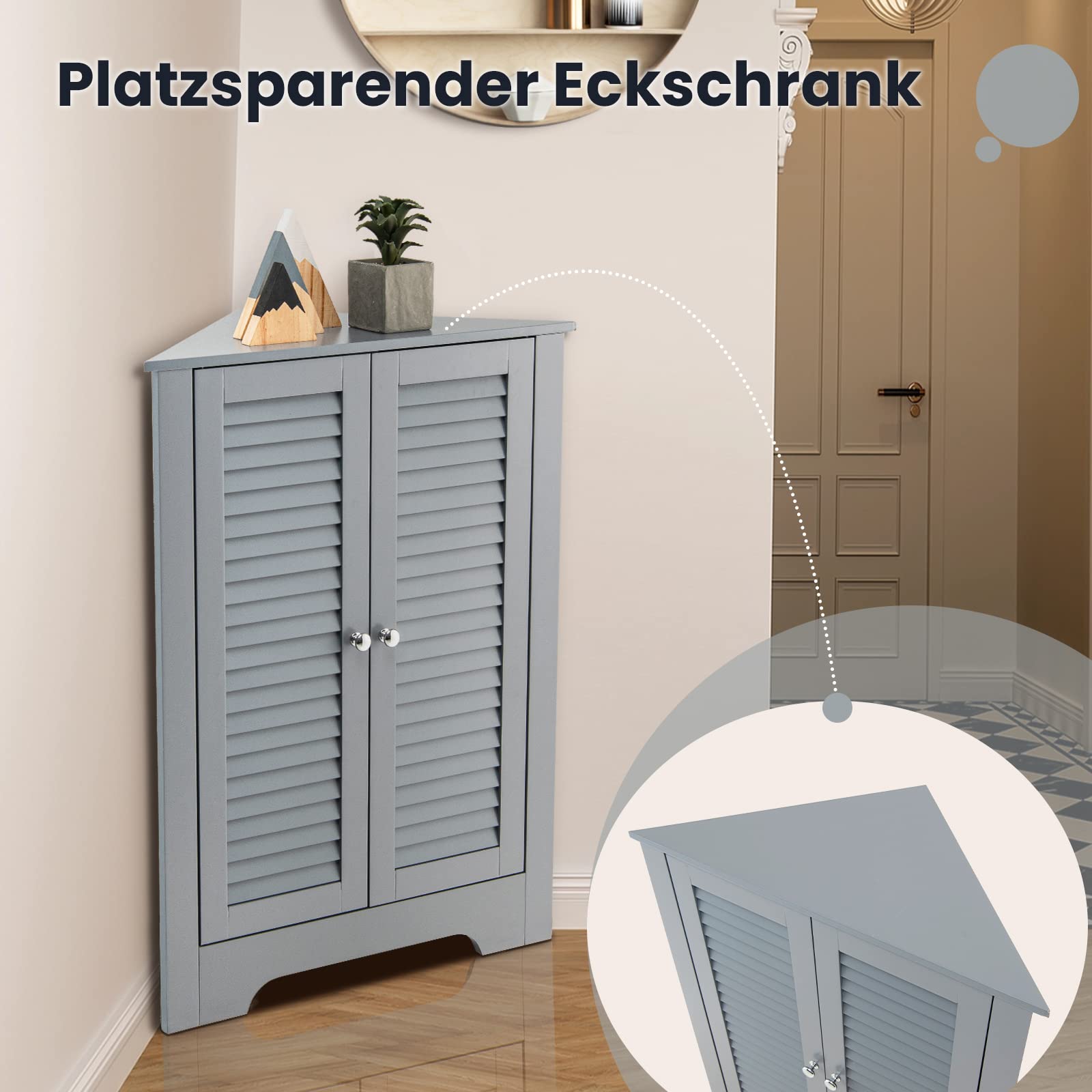 COSTWAY Badezimmerschrank Ecke, Eckschrank Bad mit 2 Lamellentür, Badschrank Unterschrank Holz, Aufbewahrungsschrank für Badezimmer, Küche, Wohnzimmer, 45 x 45 x 81,5 cm, grau