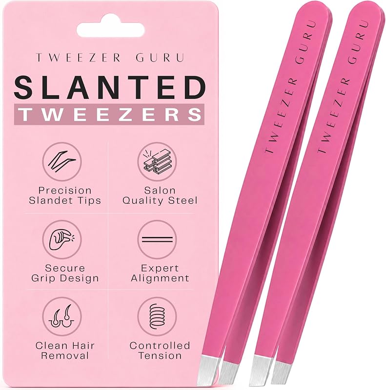 Pinças TWEEZER GURU de ponta inclinada em aço inoxidável, Classic Pink, Pacote com 2