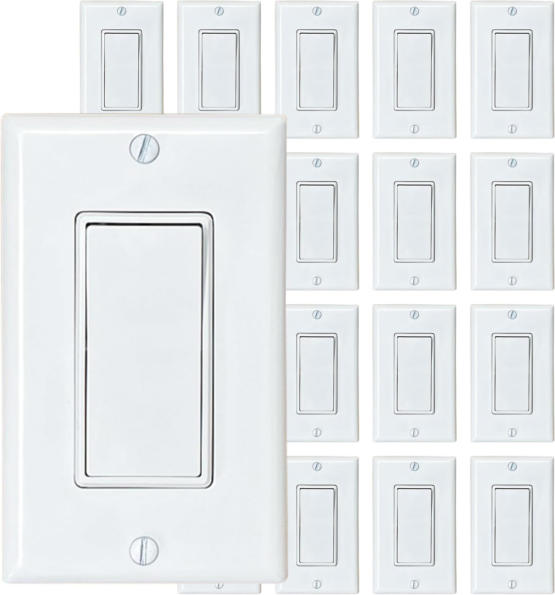 [20-Pack] PROCURU Decorator Paddle Rocker Light Switch, Single Pole, 3-Wire, Grounding 15A 120V-277V, White, UL Certified, Includes Wall Plate Covers