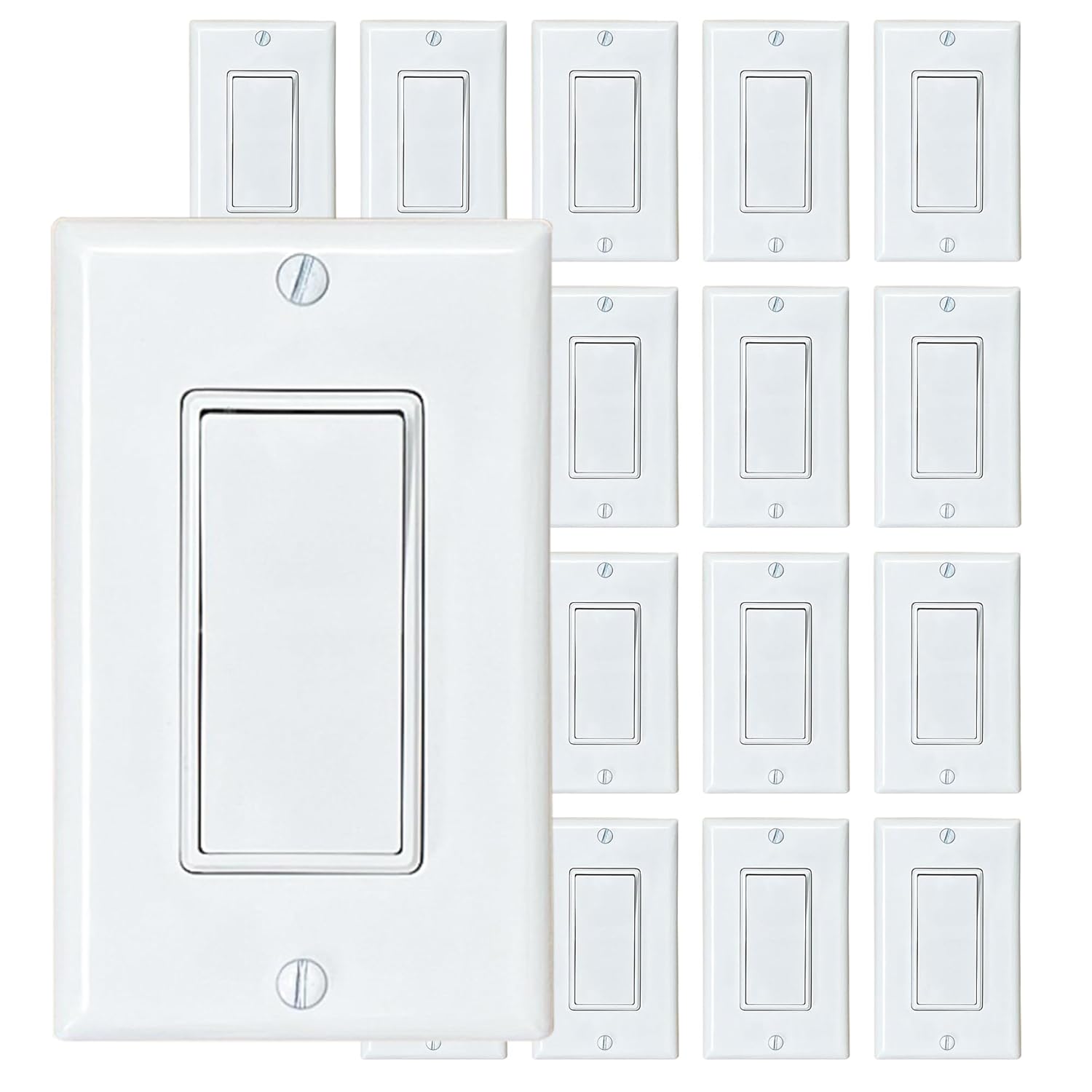 [20-Pack] PROCURU Decorator Paddle Rocker Light Switch, Single Pole, 3-Wire, Grounding 15A 120V-277V, White, UL Certified, Includes Wall Plate Covers