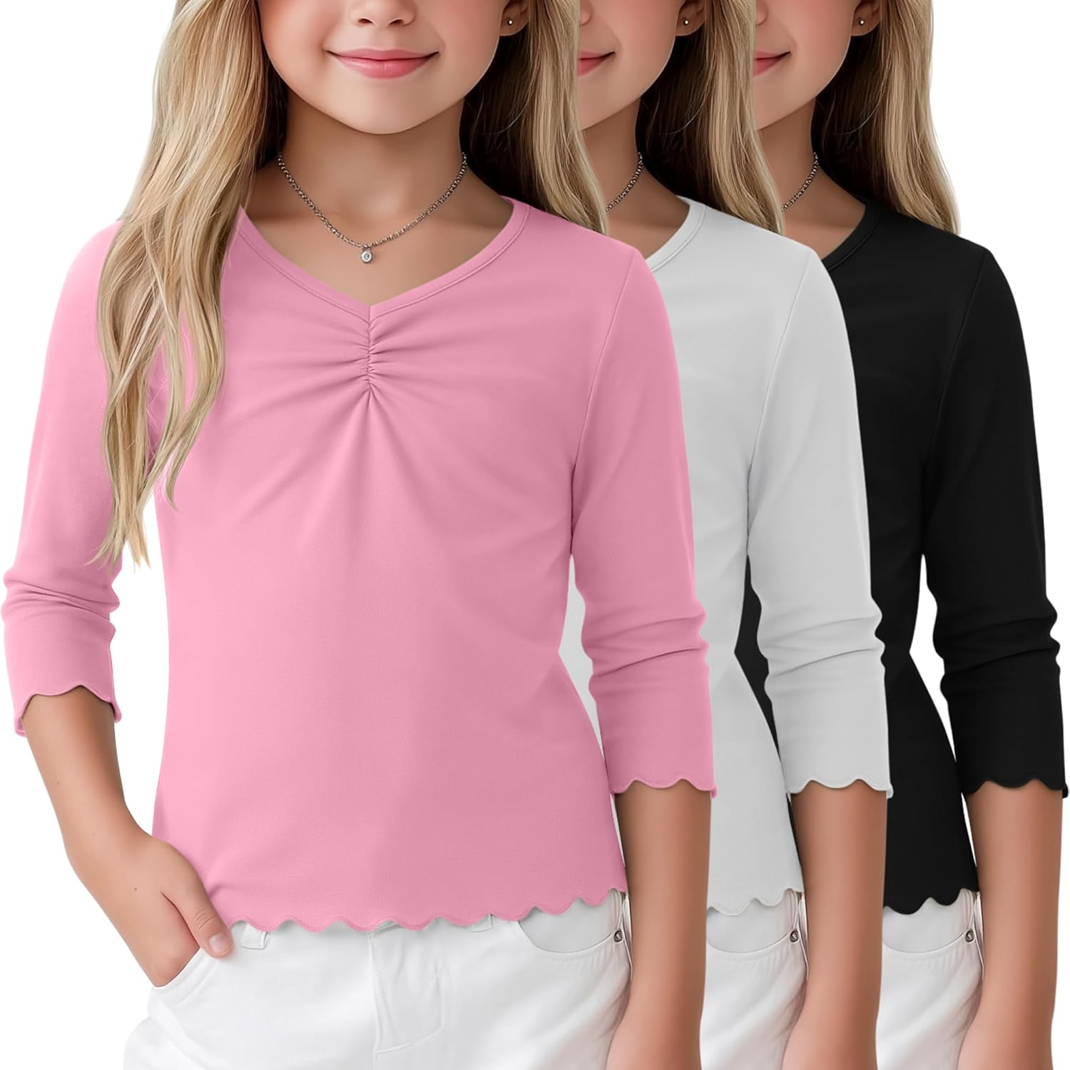3 Pack Girl's 3/4 Sleeve V Neck Tops Casual Chest Ruched Tees Ragular Fit Shirts 5-14 Years(Light Pink, White, Black,11-12 Years)