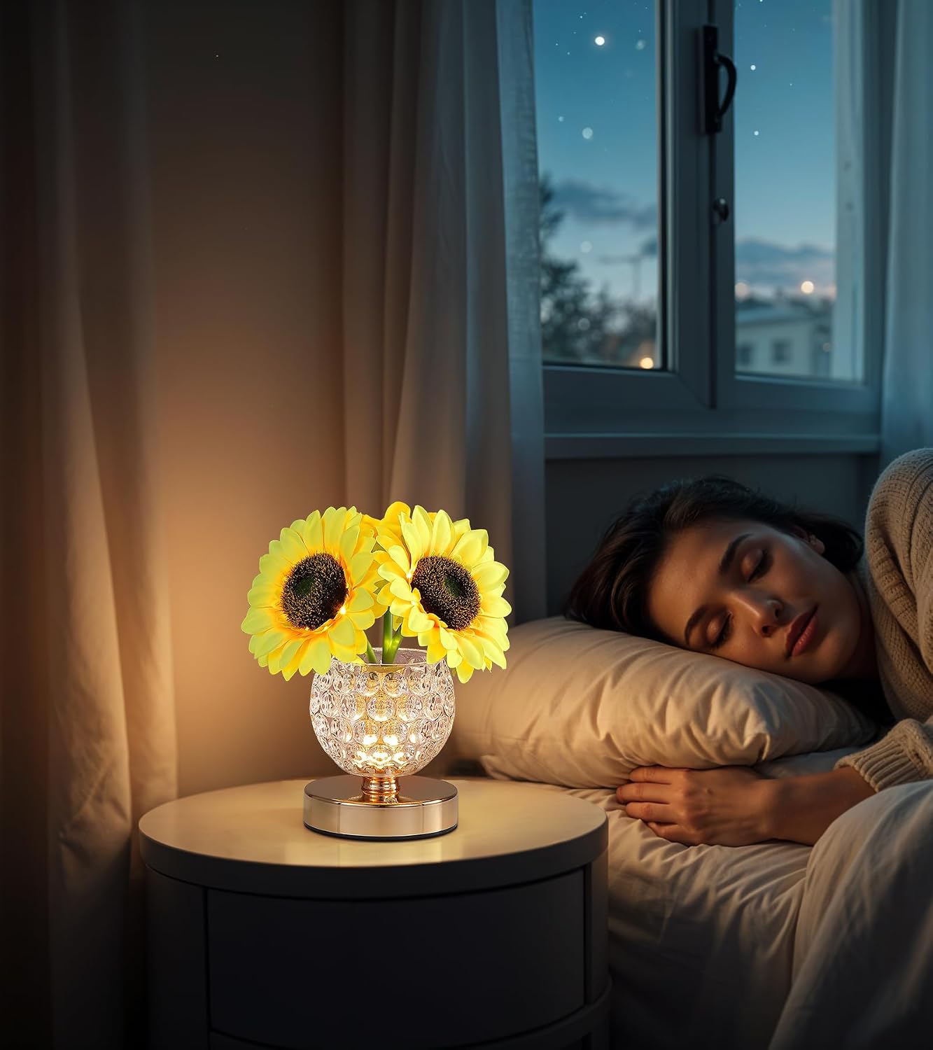AIHYING Sunflower Lamp, Rechargeable Cordless Touch Lamp with 3-Color Dimming, Crystal Flower Night Light for Bedroom, Gift for Mom/Women, Mother's Day/Birthday