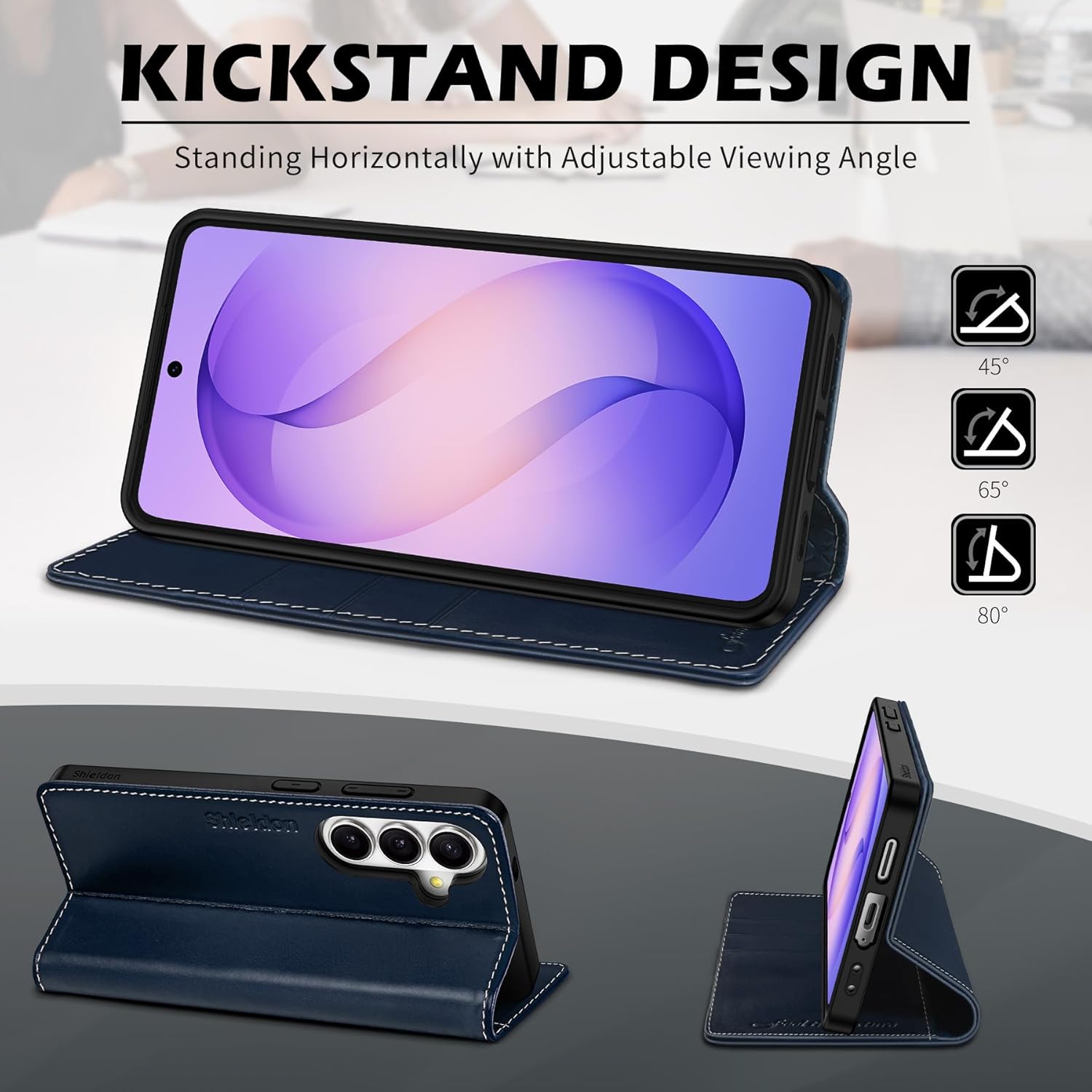 SHIELDON Case for Galaxy S26 6.3" 2026, Genuine Leather Folio Wallet Magnetic Kickstand RFID Blocking Card Slots Shockproof Full Protection Cover Compatible with Galaxy S26 5G - Retro Dark Blue