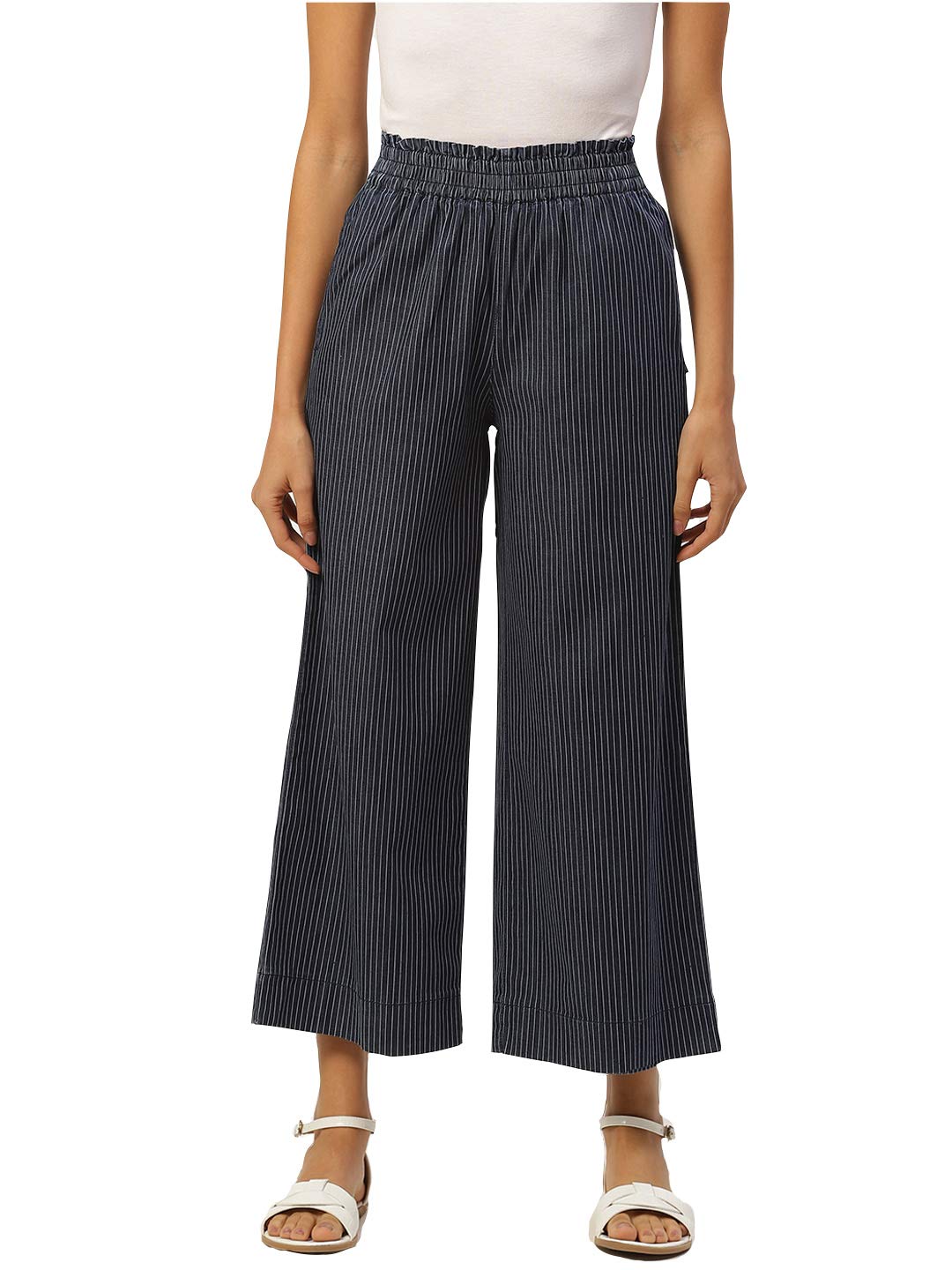 xpose Women Striped Wide Leg High Rise Cropped Parallel Trousers-picture-10