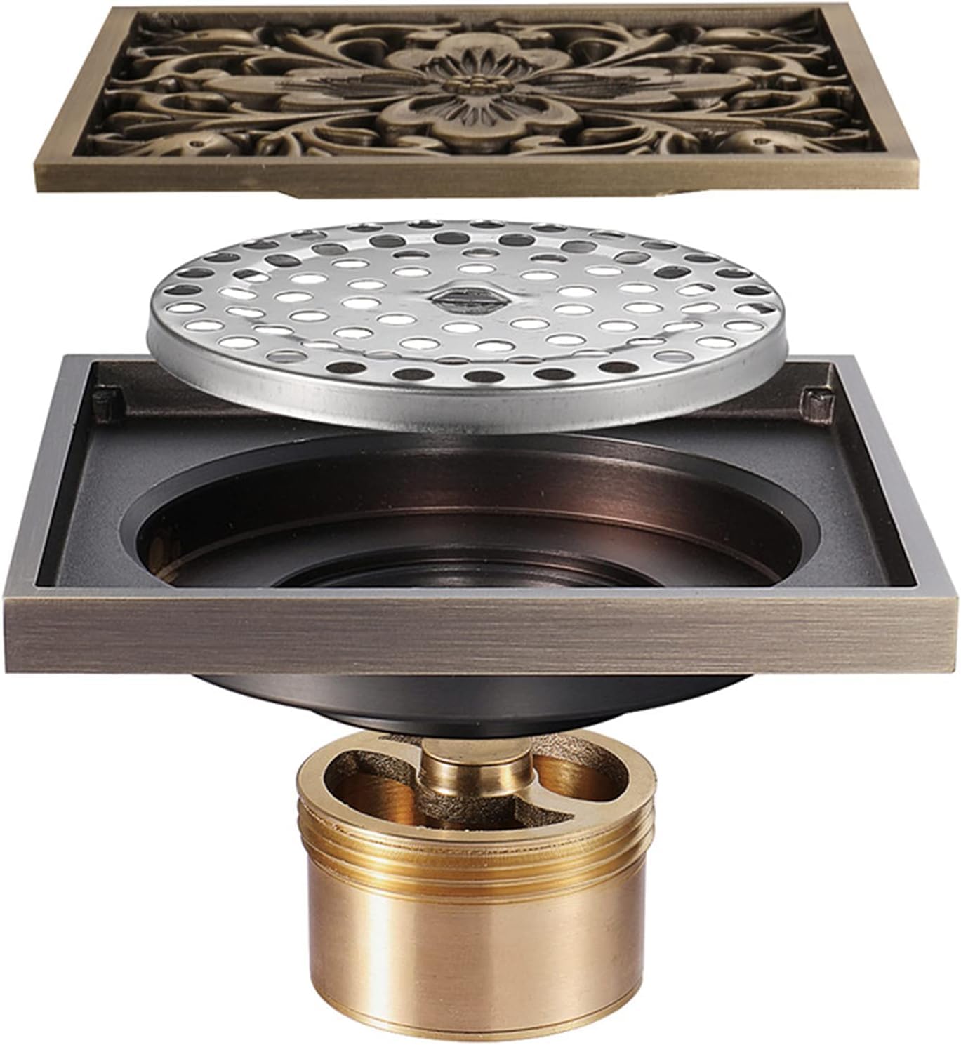 floor drain， Antique Bronze Floor Drain with Cover Grid Pattern Grate & Hair Strainer Deodorant Brass for Bathroom Hotel