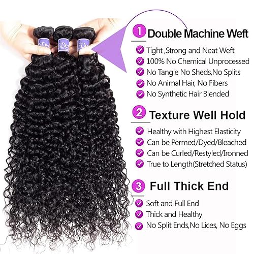 Miniatura 3 de 3 manojos de cabello rizado brasileño 10A (14, 16, 18 pulgadas, 10.05 oz), tejido de cabello humano virgen brasileño 100% sin procesar, color negro