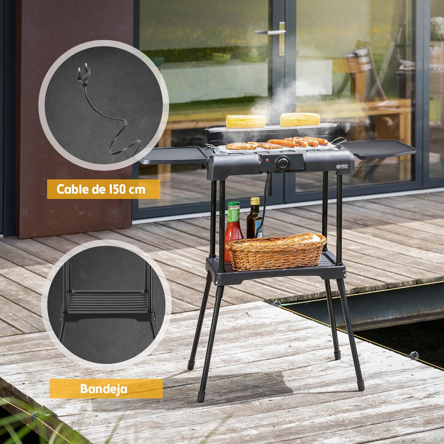 TZS First Austria - Barbacoa Eléctrica 2200W - Grill 2 en 1 con Paravientos - Termostato Regulable - Sin Humo con 2 Mesas Laterales - Balcón y Mesa - Negro