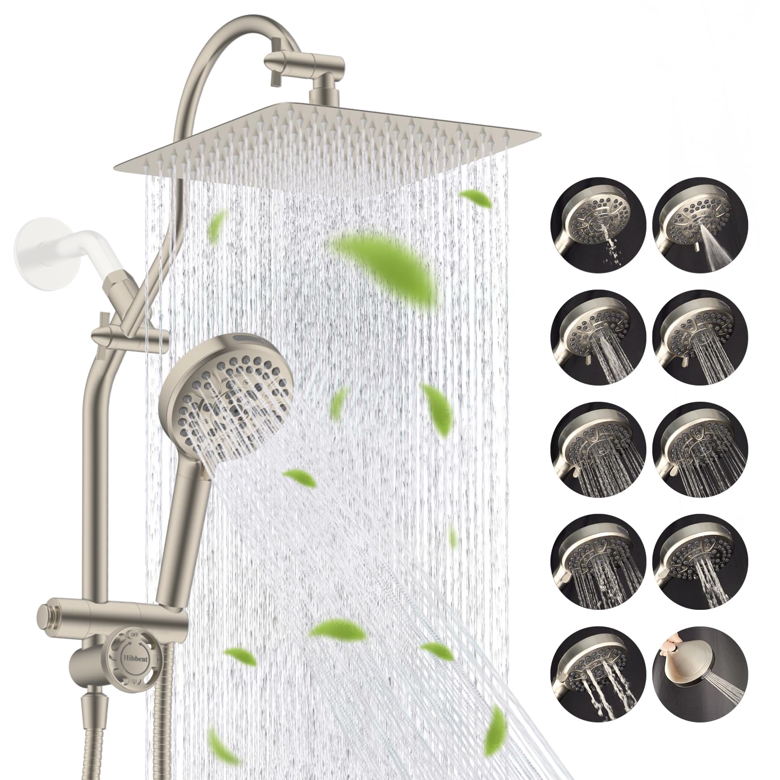 Hibbent High Pressue All Metal 10" Rainfall Shower Head, Handheld 10-Spray