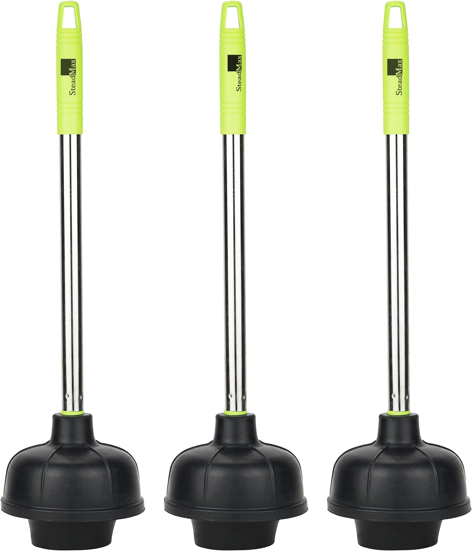 SteadMax Double Thrust Heavy Duty Plunger with Stainless Steel Handle, Durable Rubber, Fits All Toilet and Sink Drain Openings, Commercial Grade (3 Pack)