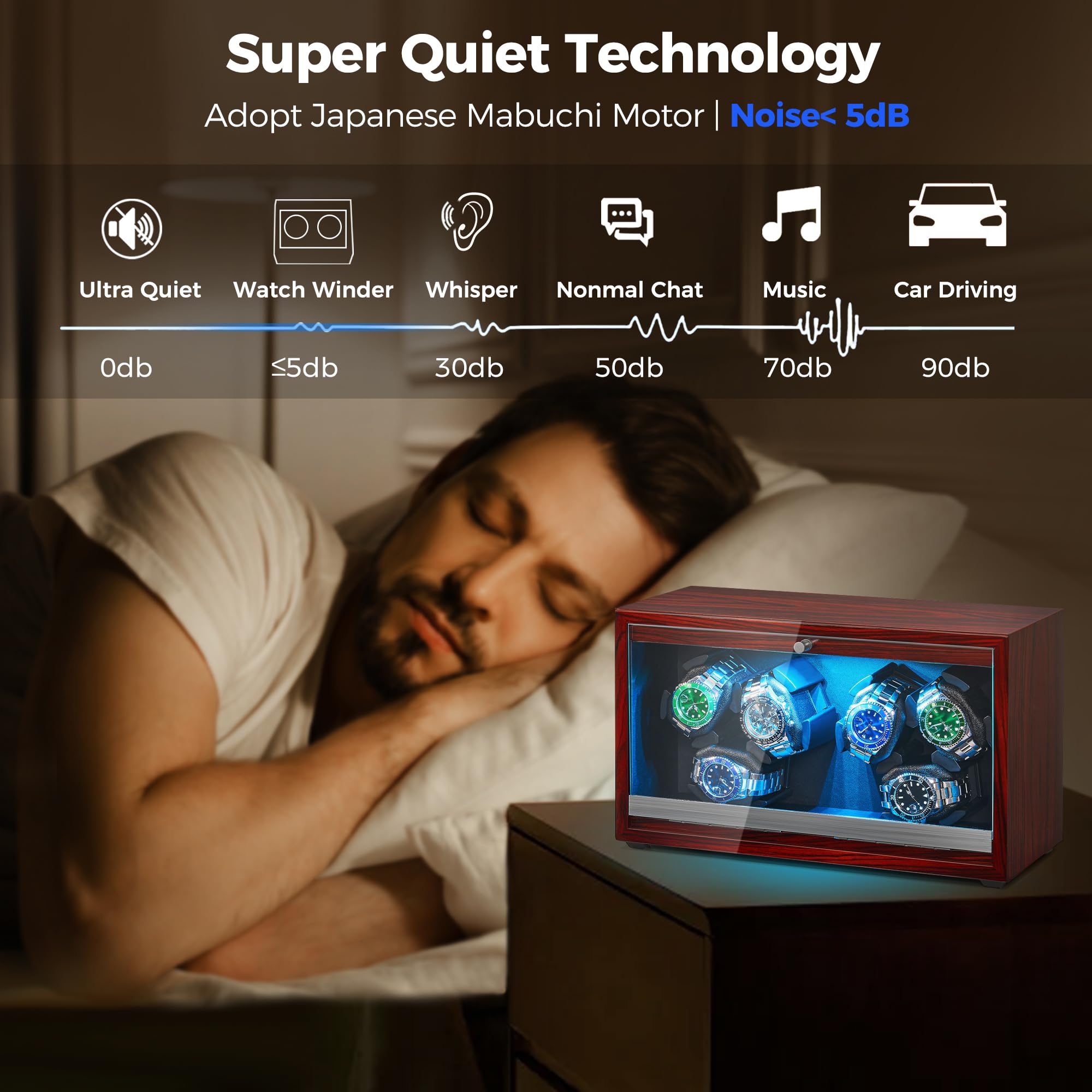 ANWBROAD Rotomat na 6 zegarków z diodami LED i super cichym silnikiem, 4 tryby obrotu, rotomat do zegarków z kablem USB, zestaw do przechowywania zegarków, prezent JWW003Y