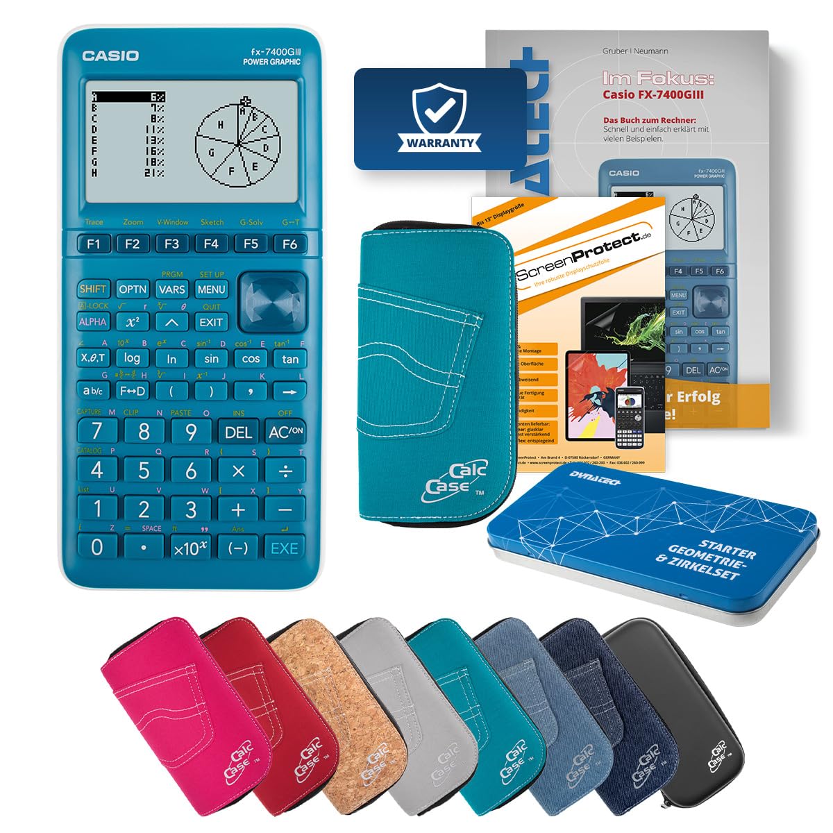 Casio FX-7400 GIII Grafikechner mit CalcCase Schutztasche, Folie, Fachbuch, Zirkel Set - Deluxe Set (Türkis)