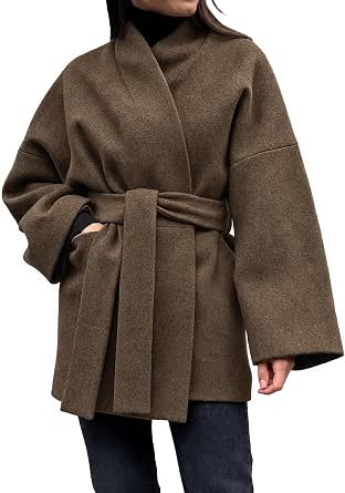 Tankaneo Women's Faux Wool Belted Wrap Coat