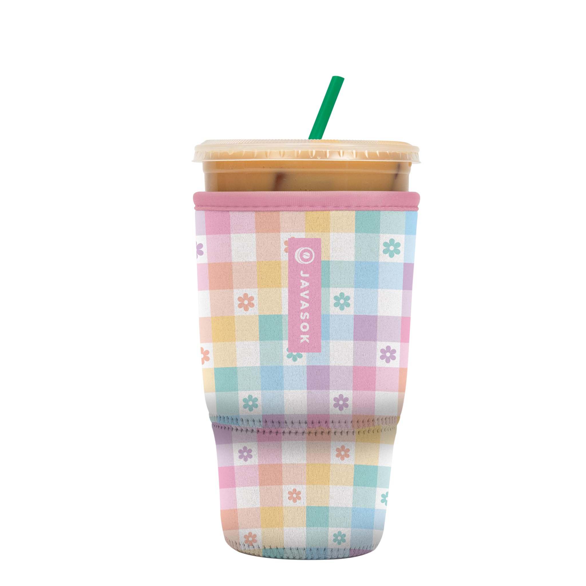 Sok It JavaSok Iced Coffee &amp; Cold Soda Insulated Neoprene Cup Sleeve (Gingham Flowers, Large: 30-32oz)