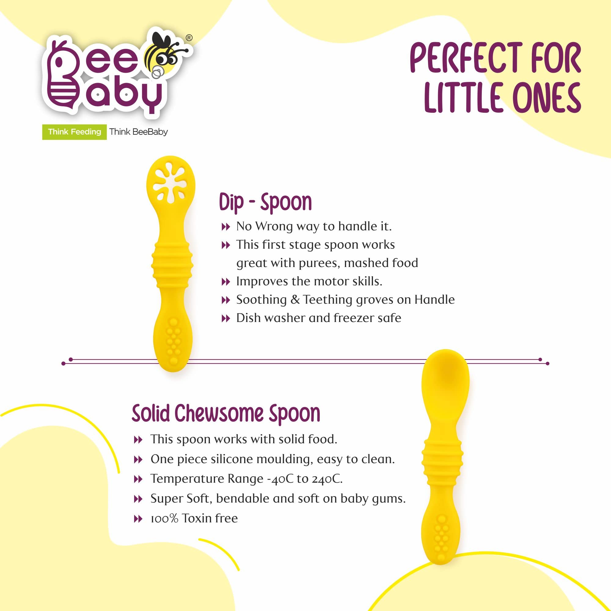 BeeBaby Smushee Silicone Spoon for Baby 6 to 12 Months, Self Feeding Baby Spoon, Soft Silicone Baby Led Weaning Utensils, BPA Free First Stage Weaning Set for Infants, Pack of 2, Yellow 2