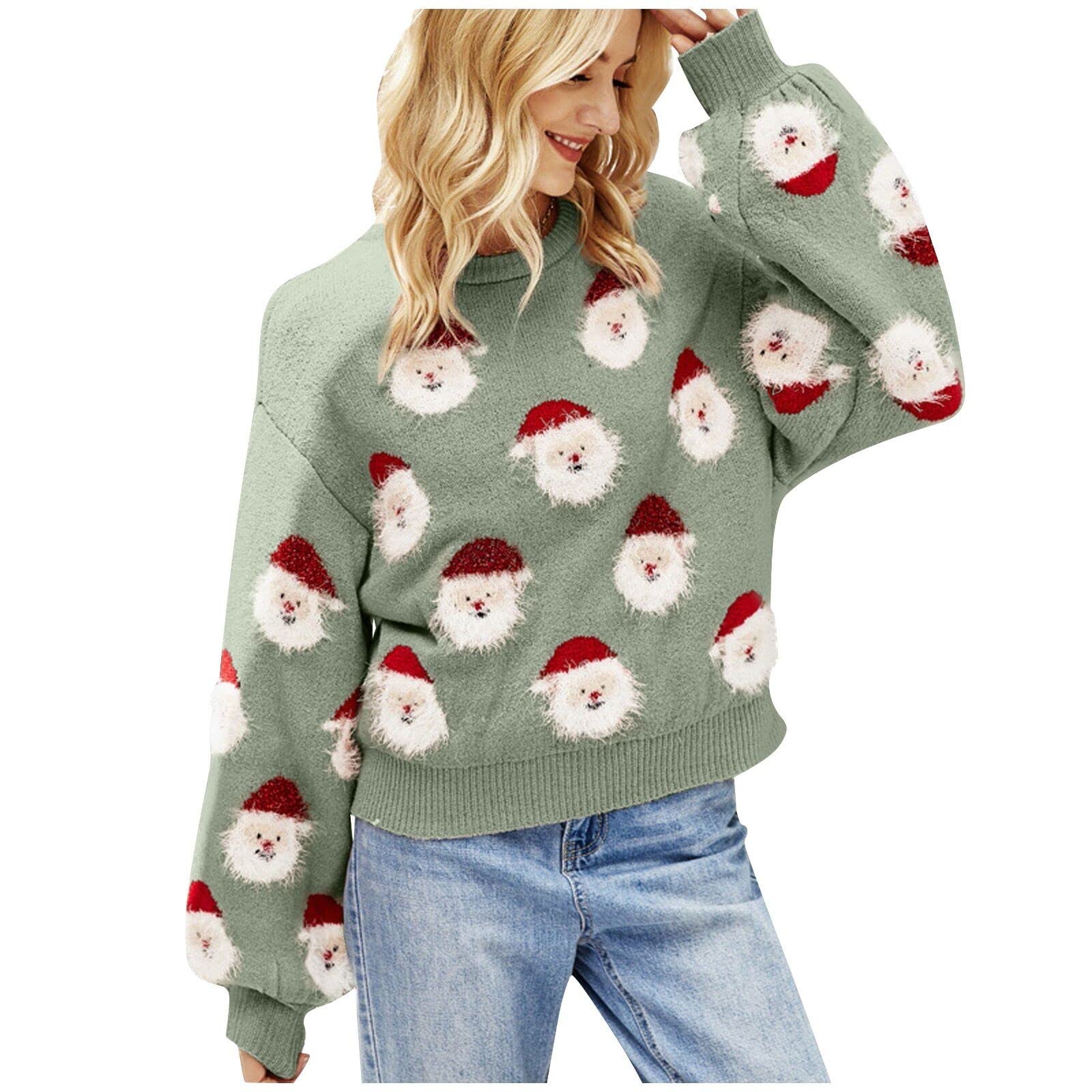 Maglione natalizio da donna a girocollo carino inverno autunno maglioni a tunica maglioni lavorati a maglia con stampa di Babbo Natale Kawaii Natale tinta unita elegante top graziosi maglioni per le