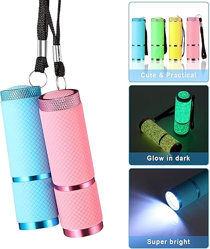 Miniatura 2 de Mudder Juego de 4 linternas que brillan en la oscuridad, 9 mini linternas LED recubiertas de goma con asa, linterna portátil LED de aluminio