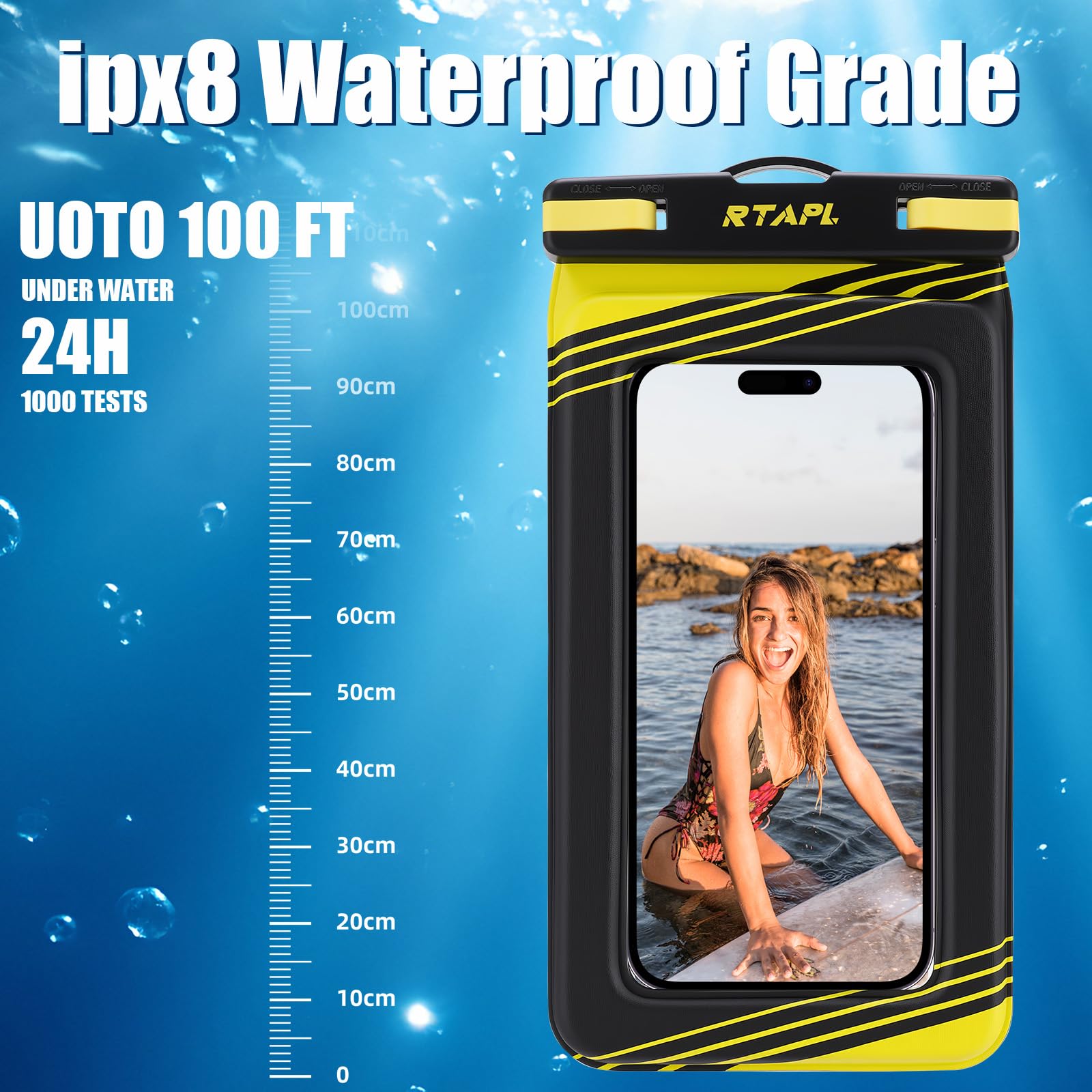 Universelle wasserdichte Handytasche, schwarz, für Smartphones, Touchscreen-kompatibel, Strand-Schwimmschutz, Schwarz und Gelb, 2 Stück