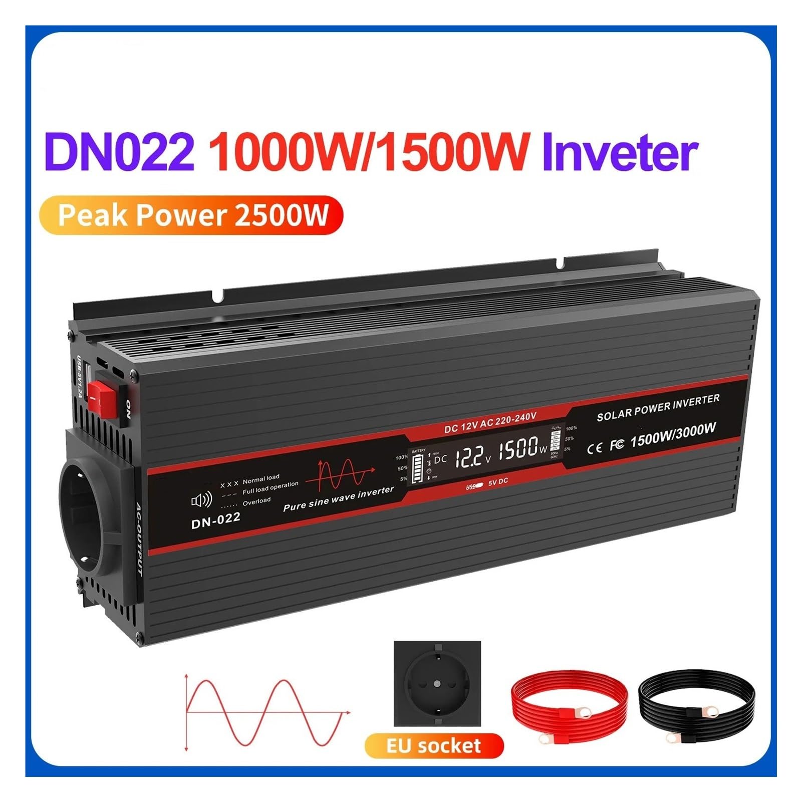 Power Inverter Inversor Potencia Onda Sinusoidal Pura 12 V A 220 V Potencia Continua De 1500 W con Enchufe USB De 5 V Y 2,1 A Inversor(12V 220V 1000W EU B)