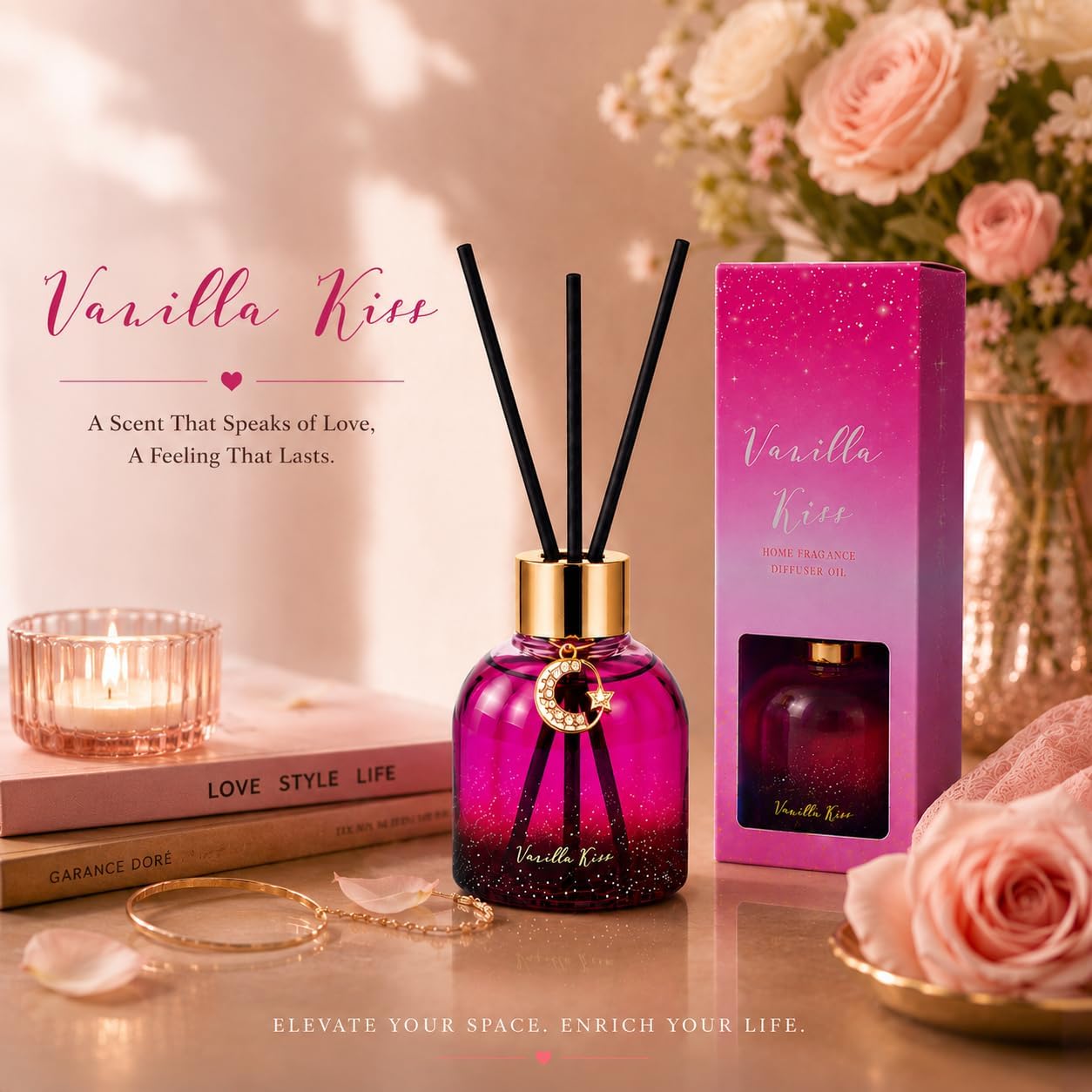 Reed Diffuser Set, Pretty Valley Home Diffuser 80Ml / 2.7 fl OZ Gift Box - Includes Reed Diffuser Sticks, Long Lasting Fragrance Oil and Glass Bottle for Office Living Room Decor (Vanilla kiss)