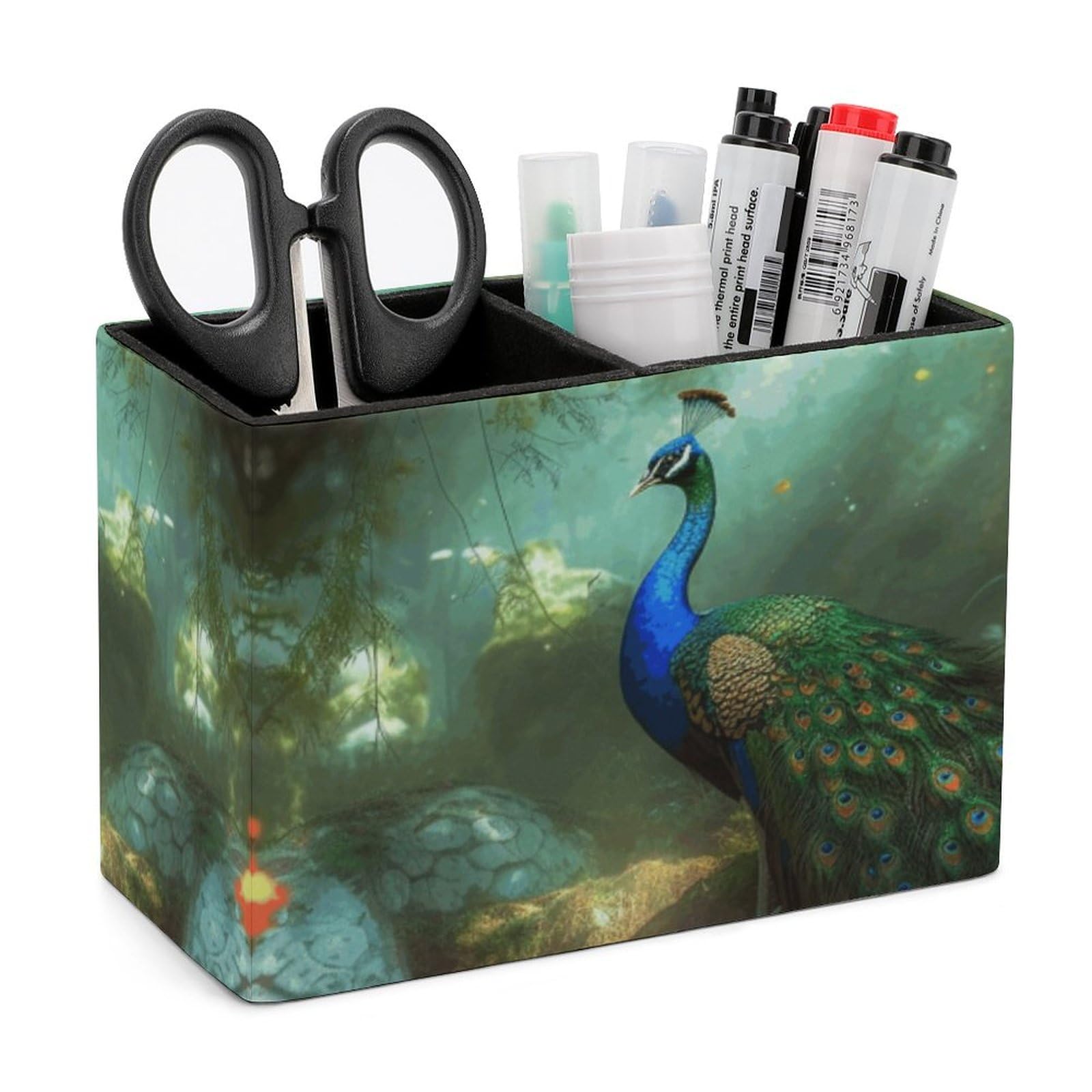 NONHAI Lether Pen Holder for Desk, Peacock Pencil Holder Organizers for Desktop, Pencil Cup Stationery Organizer for Office Desk Accessory, Square Makeup Brush Srotage Box Pencil Caddy