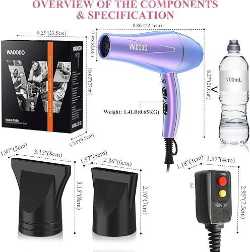 Miniatura 8 de WADODO Secador de pelo iónico, secador profesional de 2200 W, secado rápido, secador de pelo de viaje, motor de CA, temperatura constante, secador