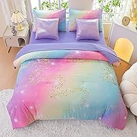 Vista 12 de Juego de ropa de cama arcoíris tamaño individual – Edredón reversible de 5 piezas para niñas con sábana de bolsillo profundo, diseño de galaxia